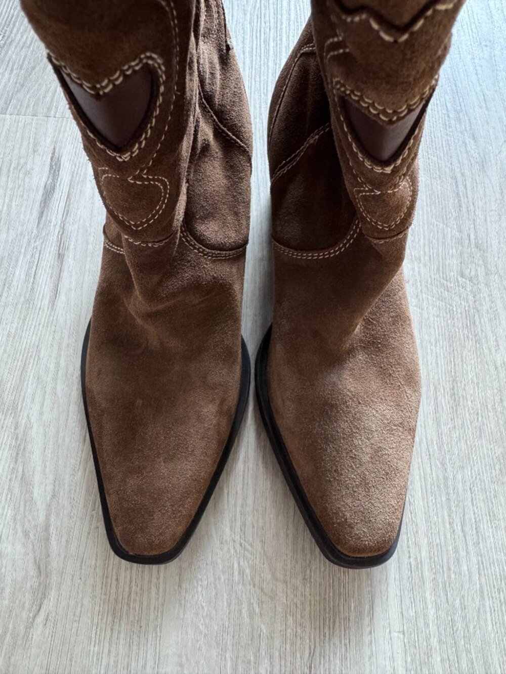 ZARA Suede Embroidered Cowboy Boots | Heart Cutout | Whipstitch | Brown | NWT | - Picture 11 of 16